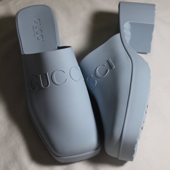 NWB Gucci Logo Rubber Clogs Mules Slip Ons Light Blue 37 725899 - Picture 3 of 7